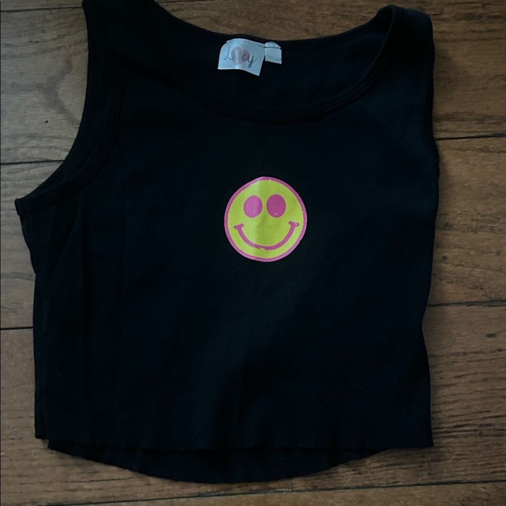 Lucy Black Tee with Pink and Yellow Smiley